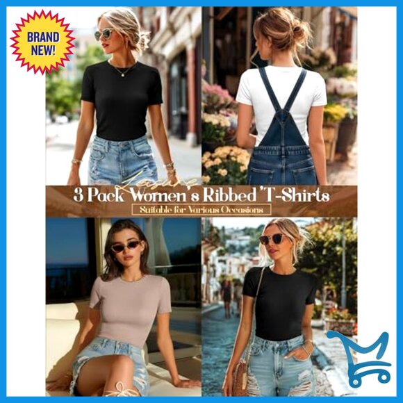 3 Pack Ribbed Cotton Tees, Short Sleeve Crewneck Fitted Tops - Picture 2 of 7